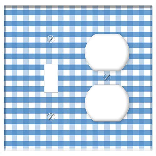 2-Gang- Toggle Outlet Combination Wall Plate Cover - Gingham Check Plaid Blue Pattern Textile
