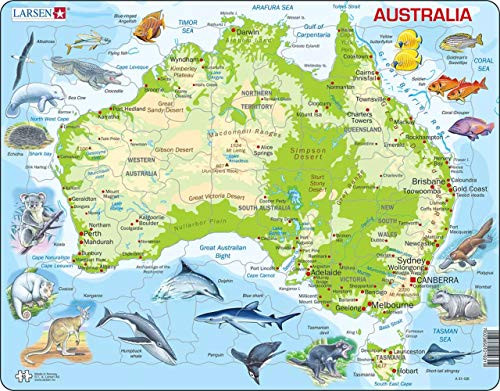 Larsen Puzzles Australia Map with Animals Children's Educational Jigsaw Puzzle - 65 Piece Tray  and  Frame Style Puzzle - Exclusive Premium Handmade by Larsen Puzzles - Imported from Norway