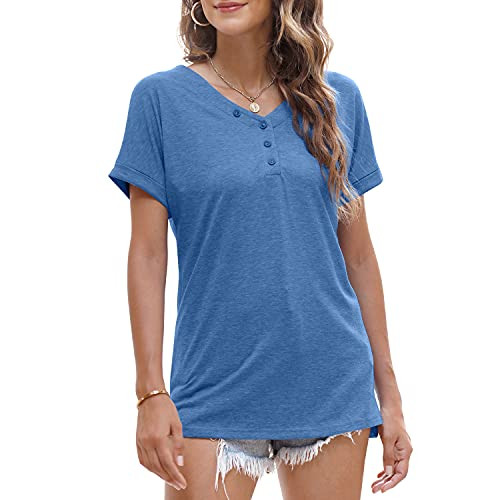 BESFLY Womens Casual V Neck T Shirt Short Sleeve Side Split Summer Tops Blue
