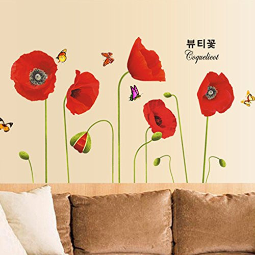 Wallpark Beautiful Red Poppy Flowers with Butterfly Removable Wall Sticker Decal- Living Room Bedroom Home Decoration Adhesive DIY Art Wall Mural