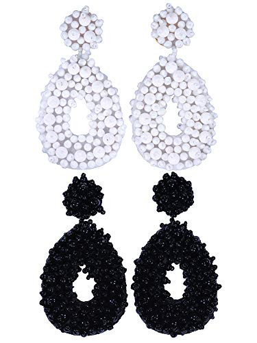 2 Pairs Statement Dangle Earrings for Women - Bohemian Beaded Round Drop Earrings Long Chandelier Earrings Idea Gift White Black