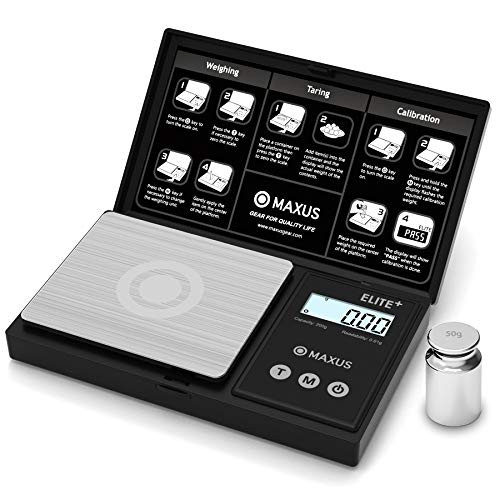 MAXUS Elite Plus Precision Gram Scale 200g x 0.01g  Plus  50g Calibration Check Weight - Multi-Use Digital Pocket Scale Herb Scale Powder Scale Jewelry Scale Grain Scale Small Scale Versatile Meds Capsule