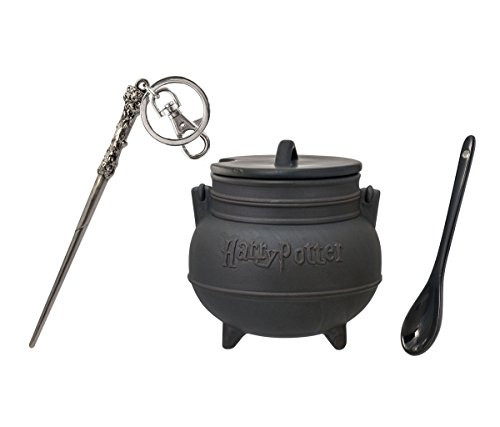Mozlly Value Pack - Harry Potter Black Cauldron Ceramic Soup Mug with Spoon (3pc Set) AND Harrys Wand Pewter Key Chain - Novelty Character Accessories - Item #K124014-124010