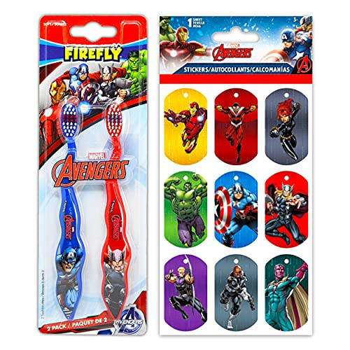 Marvel Avengers Toothbrush 2-Pack ~ Iron Man- Thor- and Captain America Soft Toothbrushes for Kids with Avengers Stickers -Superhero Toothbrush Set-