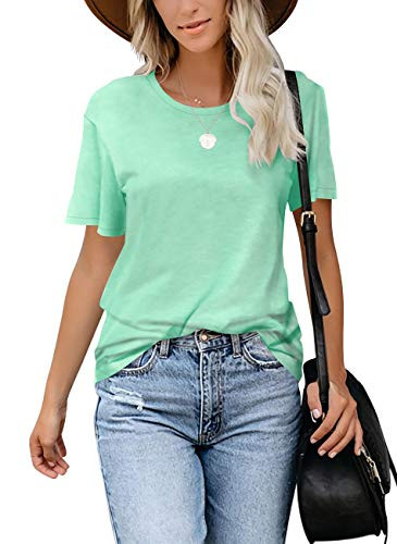 FOWSMON Women's Casual Round Neck Short Sleeve Plain T Shirt Basic Summer Top Lake Green XXL