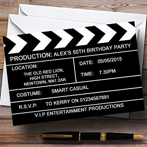 Hollywood Movie Clapboard Clapper Theme Personalized Birthday Party Invitations