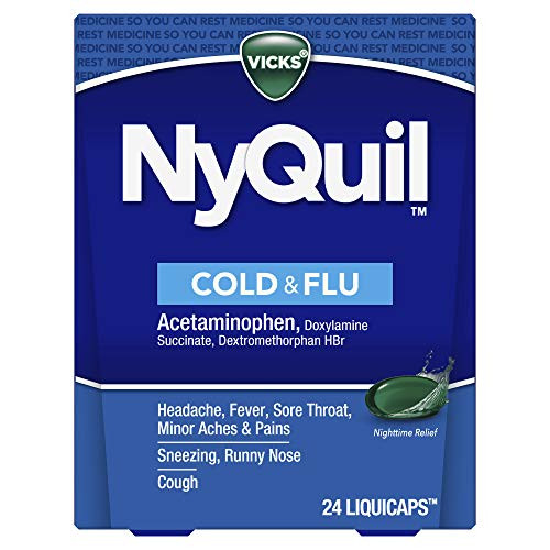 Vicks NyQuil Cough- Cold  and  Flu Nighttime Relief- 24 LiquiCaps - 1 Pharmacist Recommended- Nighttime Sore Throat- Fever- and Congestion Relief