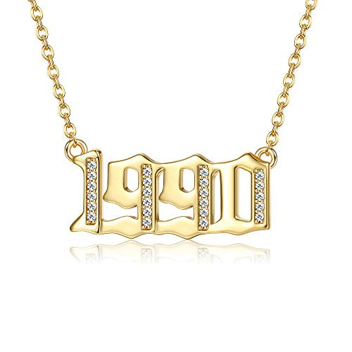 Jewenova Birth Year Necklace for Women 18K Gold Plated Old English Birth Year Number Pendant Necklace with Cubic Zirconia Anniversary Birthday Gifts for Women