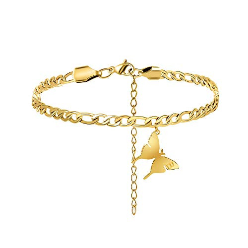 Joycuff Dainty Butterfly Anklet Bracelets for Women Teen Girl 18K Gold Figaro Chain B Initial Letter Engraved Bracelet Cute Delicate Handmade Inspirational Birthday Gifts for Her Mom Daughter Sister