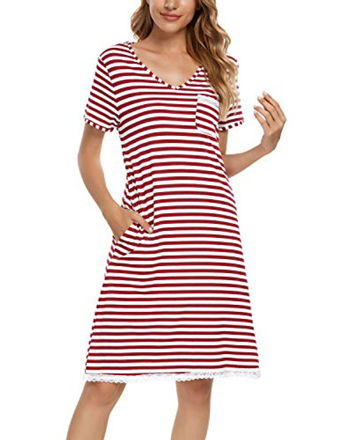 Women Nightgowns Striped Night Shirt Short Sleeve Sleepwear Round Neck Nightshirt Sleep Shirt Dress with Pockets Red XL Women Nightgowns Striped Night Shirt Short Sleeve Sleepwear Round Neck Nightshirt Sleep Shirt Dress with Pockets Red XL