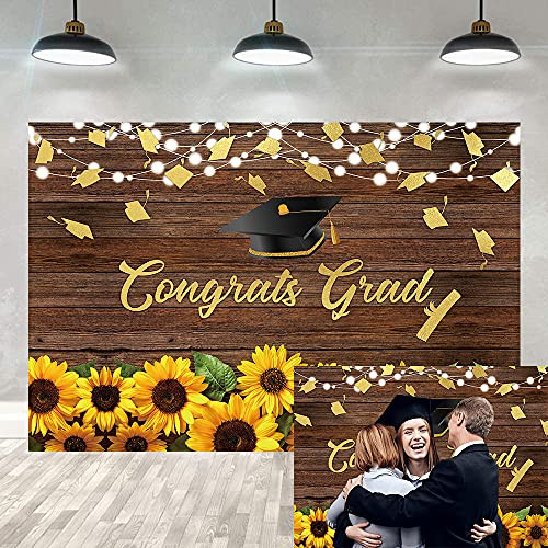Congrats Graduation Backdrop Class of 2021 Sunflowers Rustic Wood Board Photography Background Black Gold Grad Cap Floral Selfie Photo Studio Booth Props 7x5FT