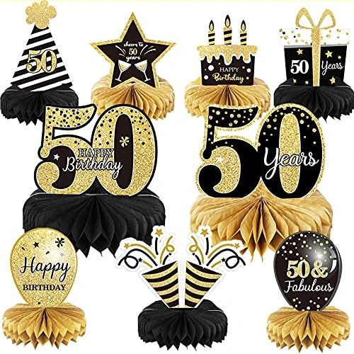 9 Pieces 50th Birthday Decoration 50th Birthday Centerpieces for Tables Decorations Cheers to 50 Years Honeycomb Table Topper for Men and Women Fifty Years Birthday Party Decoration Supplies-50th-