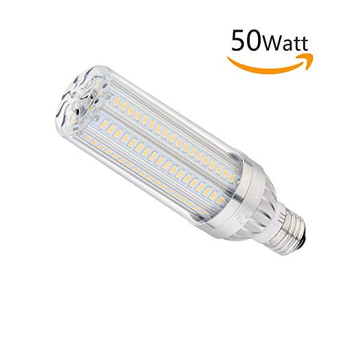 50W Super Bright Corn LED Light Bulb(500 Watt Equivalent), E26 with E39 Mogul Base Adapter, 6500K Daylight 5500Lumen for Large Area Commercial Ceiling Lights - Garage Warehouse Factory High Bay Barn