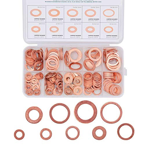 Saipe 200pcs Flat Copper Washer Assortment Set M5-M14 O Ring Copper Gaskets Set Flat Ring Seal Kit Metric Sealing Washers- 9 Size Saipe 200pcs Flat Copper Washer Assortment Set M5-M14 O Ring Copper Gaskets Set Flat Ring Seal Kit Metric Sealing Washers- 9 Size