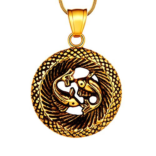 Hipunk Pisces Necklace Zodiac Pendant for Men - Constellation Zodiac Star Sign Horoscope Pendant 316L Stainless Steel 18K Gold Plated Astrology Birthday Gifts Mens/Women Jewelry SP0056Y