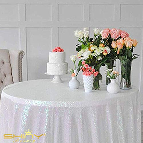 ShinyBeauty Sequin Tablecloth-Iridescent White-48Inch Round Sparkle Tablecloth-Glitter Table Cloth-Sequin Wedding Tablecloth