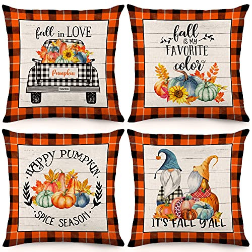 Bowount Fall Pillow Covers 18x18 Inch Set of 4 Autumn Throw Pillowcase Farmhouse Buffalo Check Plaid Pumpkin Gnome Thanksgiving Decorations Linen Cushion Case for Home Decor