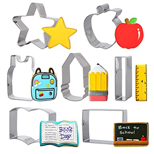Back to School Cookie Cutter Set 7 Pack Teacher Appreciation Cutters Stainless Steel with Apple- Pencil- Black Board- Ruler- Schoolbag- Book- Fondant Dough Biscuit Mold