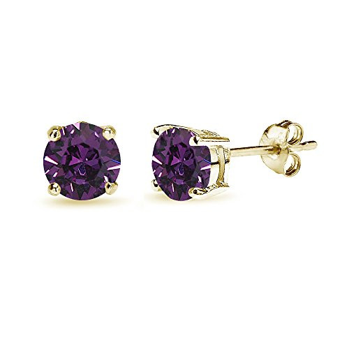Yellow Gold Flashed Sterling Silver 6mm Purple Round Solitaire Stud Earrings Made with Swarovski Crystals