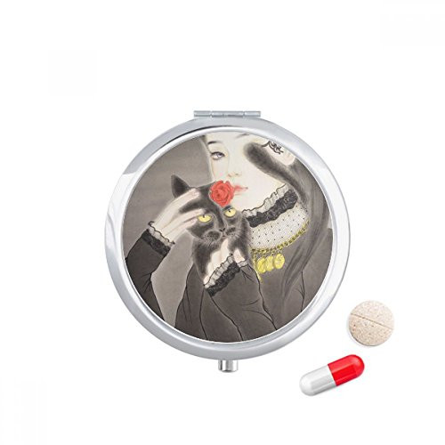 Beauty Black Cat Chinese Style Watercolor Pill Case Pocket Medicine Storage Box Container Dispenser