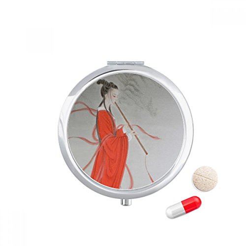 Flute Red Beauty Chinese Painting Pill Case Pocket Medicine Storage Box Container Dispenser