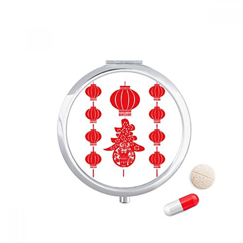 Traditional Red Chinese Lantern Pattern Pill Case Pocket Medicine Storage Box Container Dispenser