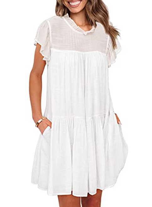 Sidefeel Womens O Neck Ruffle Sleeve Loose Tiered Backless Mini Dress Medium White Sidefeel Womens O Neck Ruffle Sleeve Loose Tiered Backless Mini Dress Medium White