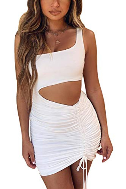 Kafiloe Women Sexy One Shoulder Dress Sleeveless Cutout Ruched Bodycon Drawsting Dress Mini Club Dress White S