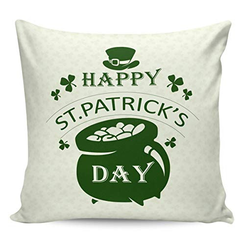 Cotton Linen Square Throw Pillow Case St. Patrick's Day Green Clover Leaf and Hat Cushion Cover Pillowcases Home Decoration for Sofa Waist, Bed, Chair, Car - 18 x 18 inches