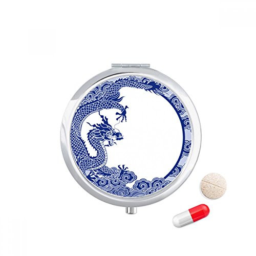 Chinese Culture Blue Dragon Pill Case Pocket Medicine Storage Box Container Dispenser