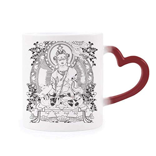 Culture Guanyin Chinese Character Figure Heat Sensitive Mug Red Color Changing Stoneware Cup