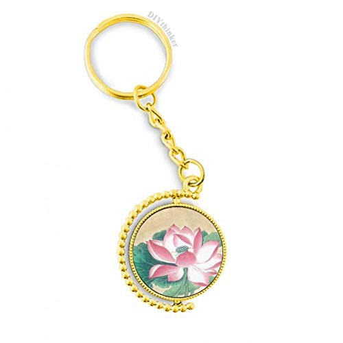 Water Lotus Figure Chinese Painting Metal Connector Key Chain Ring Accessory Golden Keyholder