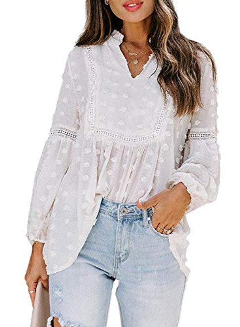 AlvaQ Women's White Chiffon Blouses Boho Tops Casual V Neck Lace Crochet Lantern Long Sleeve Swiss Dot Pom Pom Tunic Shirts Large AlvaQ Women's White Chiffon Blouses Boho Tops Casual V Neck Lace Crochet Lantern Long Sleeve Swiss Dot Pom Pom Tunic Shirts Large