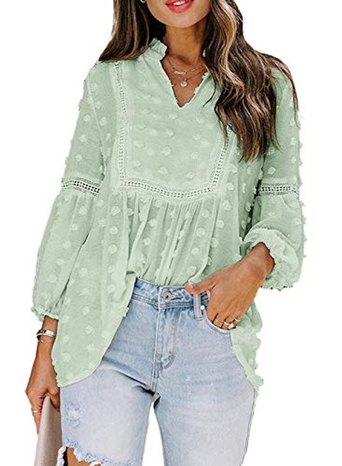 AlvaQ Women's Plus Size Mint Green Chiffon Tops Cute Long Lantern Sleeve Lace Crochet Swiss Dot Pom Pom Tunic Blouses Boho Shirts 2XL AlvaQ Women's Plus Size Mint Green Chiffon Tops Cute Long Lantern Sleeve Lace Crochet Swiss Dot Pom Pom Tunic Blouses Boho Shirts 2XL