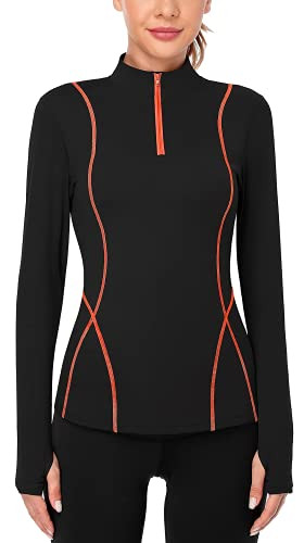 ATTRACO Athletic Tops for Women Long Sleeve Workout Shirts Active Gym Tops 1/4 Zip Black-Orange