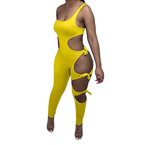 ECHOINE Women Sexy Bodycon One Piece Jumpsuit-One Shoulder Hollow Out Rompers Bandage Clubwear Yellow S