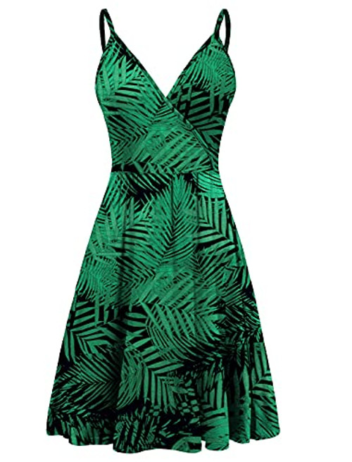 WEACZZY Women's Summer Dress Floral Spaghetti Strap Sleeveless V-Neck Casual Swing Sundress with Pockets -Large,FL Green-