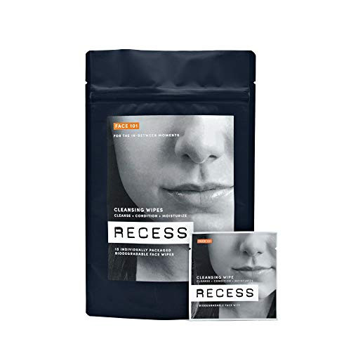 FACE CLEANSING WIPES- Biodegradable Face Wipes for All Skin Types- Alcohol-Free, with Hyaluronic Acid and Aloe, Wipes for Post Workout, Gym  and  Travel, Unisex - RECESS FACE 101 -15 To-Go Wipes-