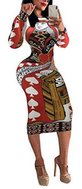 Hotheart Women's Long Sleeve O Neck Poker Printed Bodycon Sexy Nightclub Party Dress White