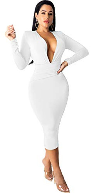 Hotheart Women's Long Sleeve Deep V Neck Ruffles Waist Bodycon Sexy Nightclub Party Dress White