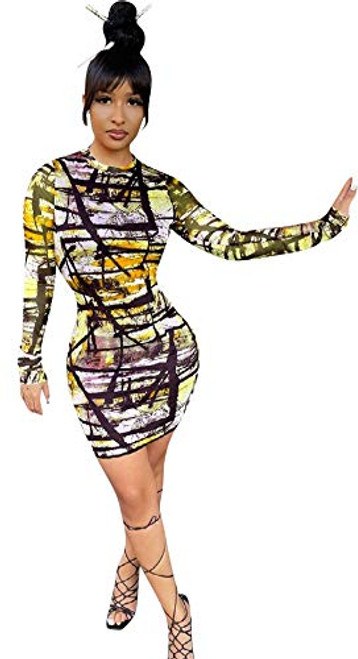 Hotheart Womens Sexy Long Sleeve Graffiti Print Mesh See Through Dress Nightclub Package Hip Dress Yellow