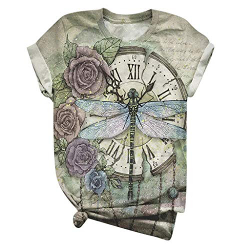 F-topbu Summer T-Shirts for Women, Round Neck Short Sleeve Tops Dragonfly Printed Tees Casual Loose Tunic Blouse Shirts