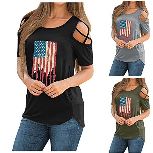 Women's American Flag Shirt, 4th of July T-Shirt Patriotic Short Sleeve Tee, Summer Strappy Cold Shoulder Blouse Tops Women's American Flag Shirt, 4th of July T-Shirt Patriotic Short Sleeve Tee, Summer Strappy Cold Shoulder Blouse Tops