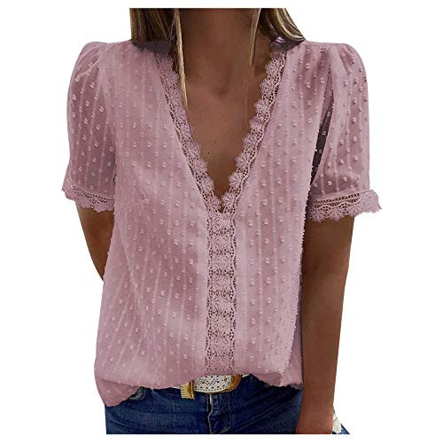 Aniwood Summer Top for Women V Neck Lace T Shirts Short Sleeve Top Tunic Casual Basic Blouses Vintage Elegant Tunic Tops