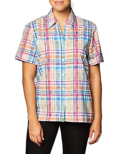 Alfred Dunner Women's Floral Pattern Plaid Burnout Woven TOP, Multi, M
