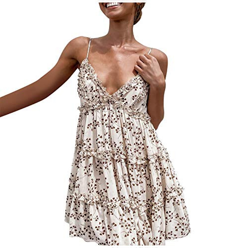 Women's Dress for Summer Sexy Strap Shirtdress Floral Print V-Neck Suspender Sleeveless Lace Open Back Dress White
