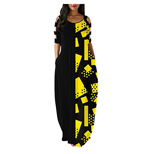 Zieglen Women Casual Summer Cold Shoulder Plus Size Loose Long Maxi Dress with Pockets Beach Sundress Yellow