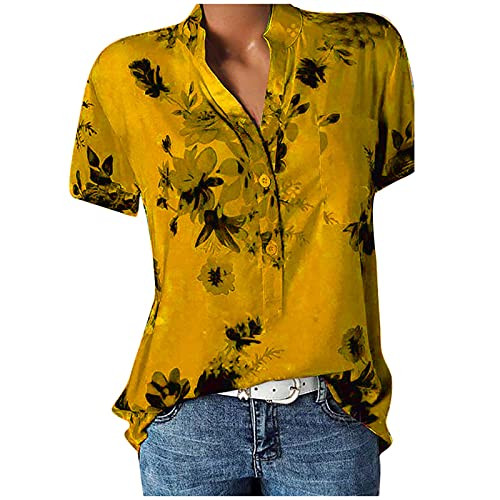 Womens Summer Tops, Womens Shirt Button Up Short Sleeve V Neck Print Pocket Blouse T-Shirt Tunic Tops Orange