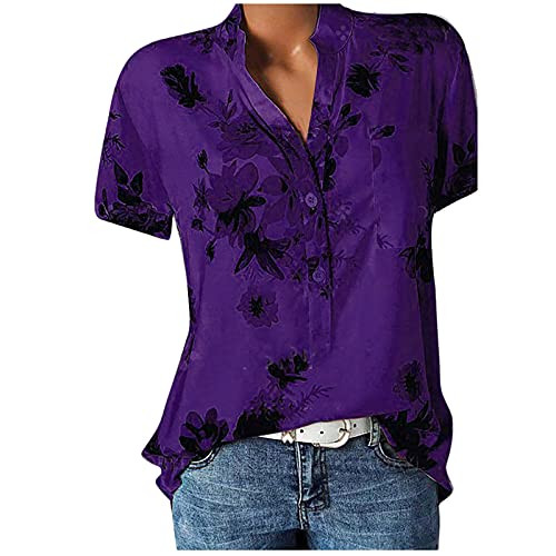 Womens Summer Tops, Womens Shirt Plus Size Button Up Short Sleeve V Neck Print Pocket Blouse T-Shirt Tunic Tops Purple