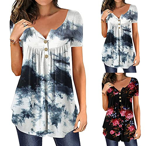 Hotkey Womens Summer Tops, V Neck Short Sleeve Tops Loose T-Shirts Flowy Pleated Button Blouse Tie Dye Floral Print Tunic Top
